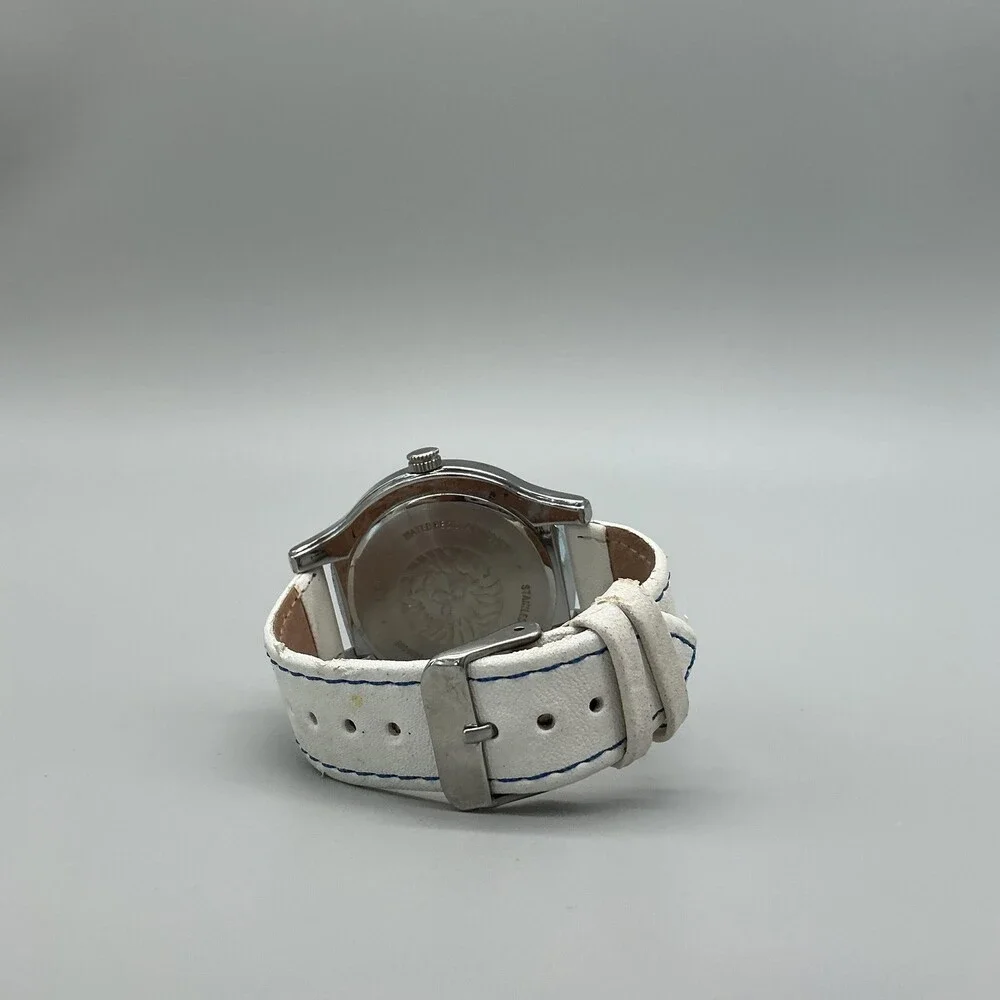 Anne Klein W5126 Womens Watch White Dial Blue Bezel White Leather New Battery